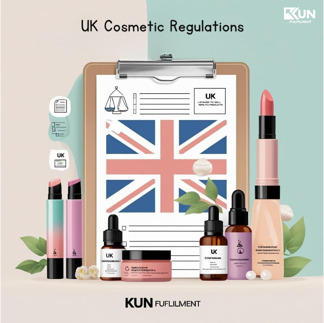 Infographic showing UK legal requirements to sell beauty products online, including CPSR testing, labelling, responsible person role, and product compliance