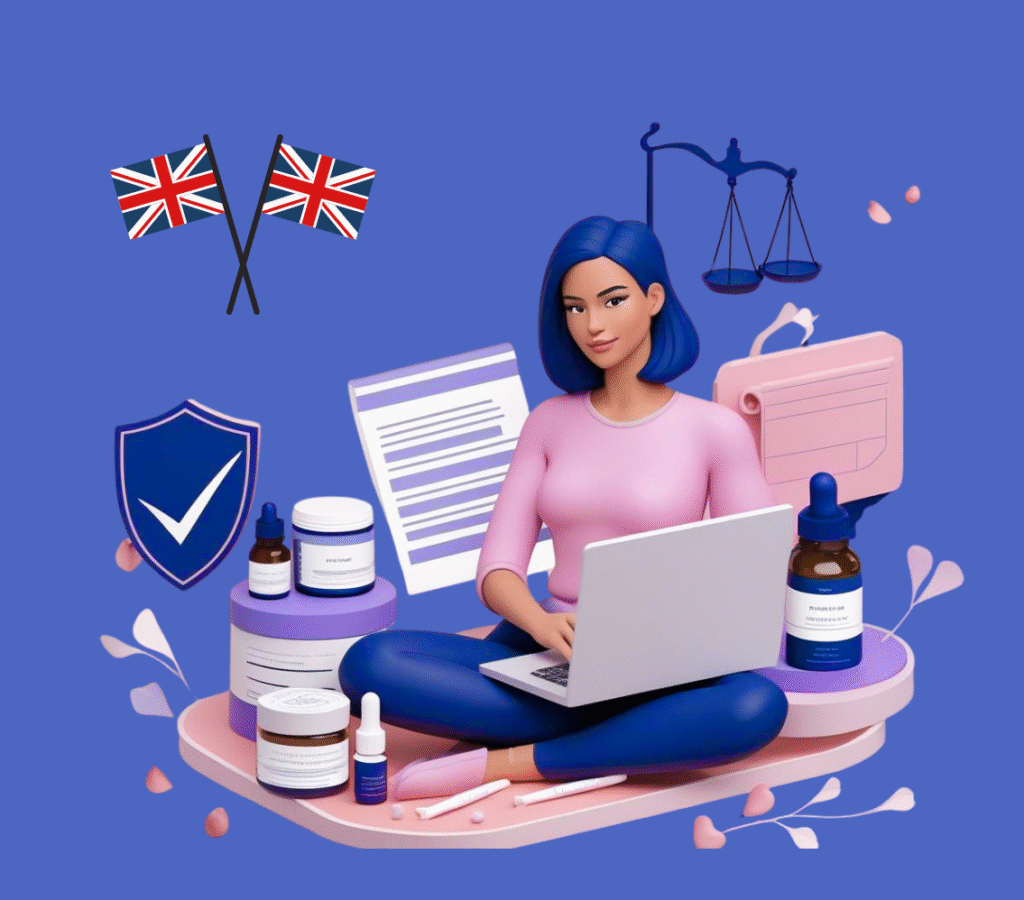 Illustration of a confident woman working on a laptop surrounded by skincare and beauty products, with legal icons like law scales and a shield checkmark, set against a soft UK flag background. Text reads: “The Complete Guide to Selling Beauty Products Online Legally in the UK.”