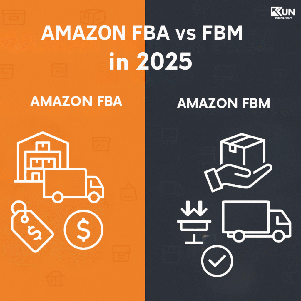 Split-screen infographic comparing Amazon FBA and FBM in 2025, showing key differences in cost, control, and fulfilment using modern icons and Amazon brand colors.
