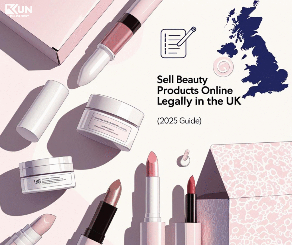 Flat lay of beauty products with checklist, shipping box, and UK flag symbolising legal compliance and fulfilment for selling cosmetics online in the UK.
