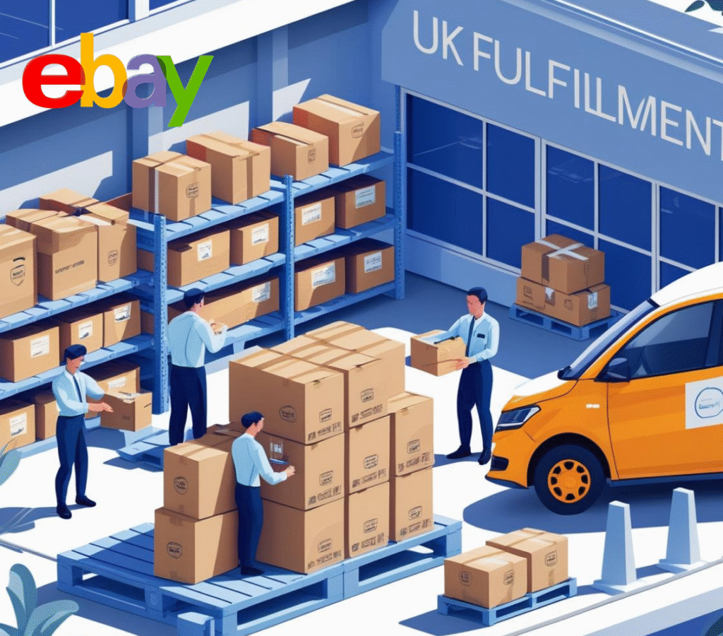 Professional UK fulfilment warehouse with staff scanning and packing parcels, branded boxes on shelves, and courier van ready for dispatch.