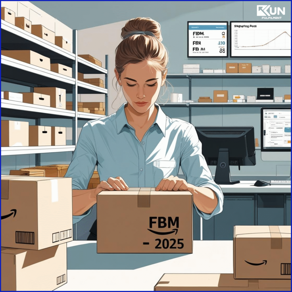 Amazon seller preparing Fulfillment by Merchant (FBM) orders in a warehouse, with a parcel labeled ‘FBM - 2025’ and a shipping dashboard in the background.