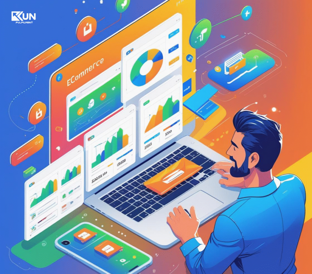 Modern workspace showing an entrepreneur working on a laptop with eCommerce dashboards, analytics charts, shopping cart icons, and digital marketing symbols, representing launching a successful online business in 2025
