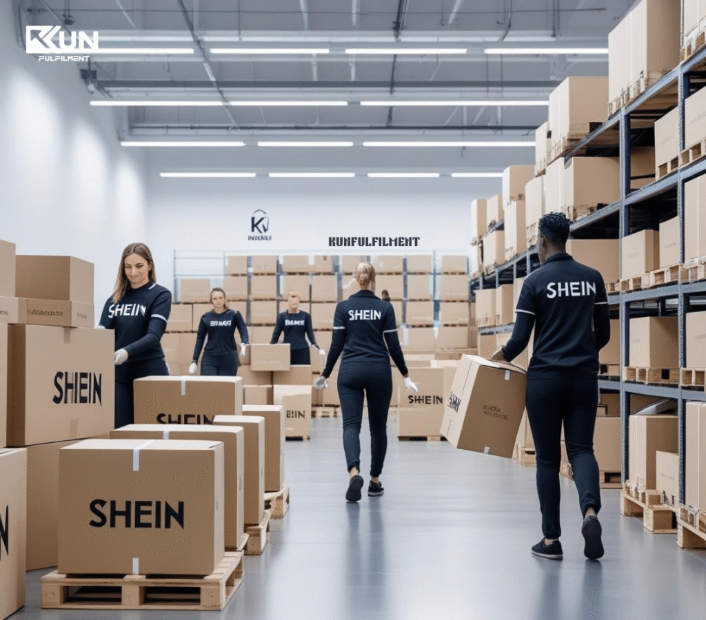 Modern UK warehouse with Shein-labelled boxes and workers in KunFulfilment uniforms handling parcels, showcasing global fulfilment and shipping efficiency.