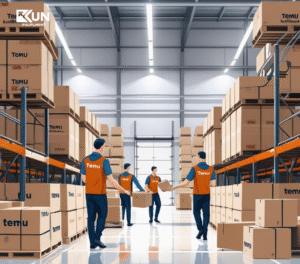UK warehouse with Temu and KunFulfilment branded boxes, staff in uniforms handling parcels, showing fast and reliable ecommerce fulfilment.