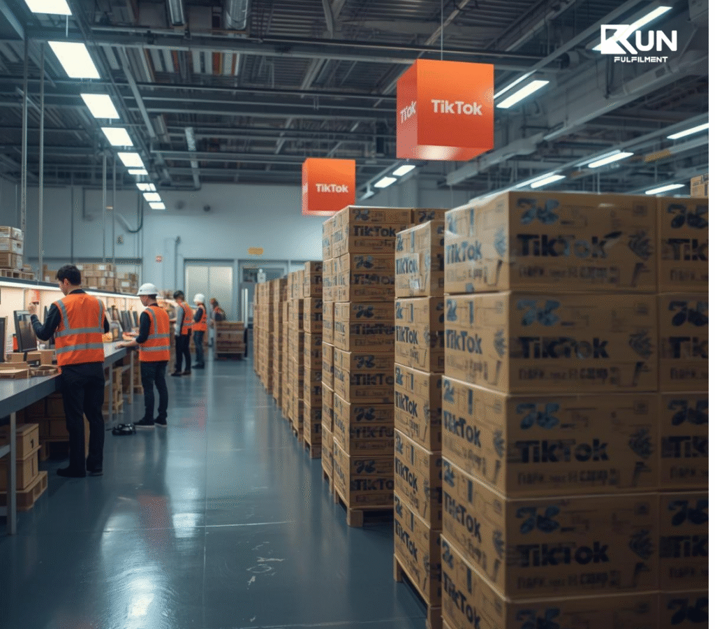 Modern UK warehouse with staff packing TikTok Shop parcels and shipping boxes ready for dispatch, representing fast delivery
