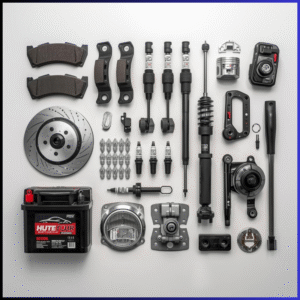 High-quality car parts including brake pads, spark plugs, shock absorbers, pistons, and headlights neatly arranged on a clean surface, showcasing components available in a car parts warehouse