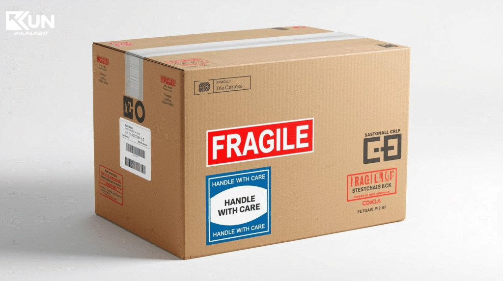 Fragile labels on shipping boxes