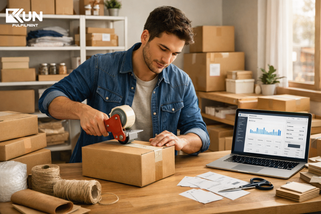 Small business owner running eCommerce side hustle from home