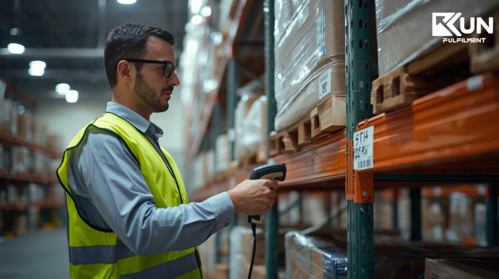 Warehouse staff scanning SKU barcode for inventory tracking
