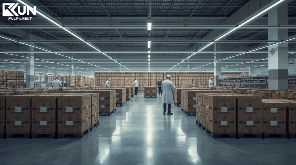 Luxury eCommerce fulfilment warehouse with premium packaging stations
